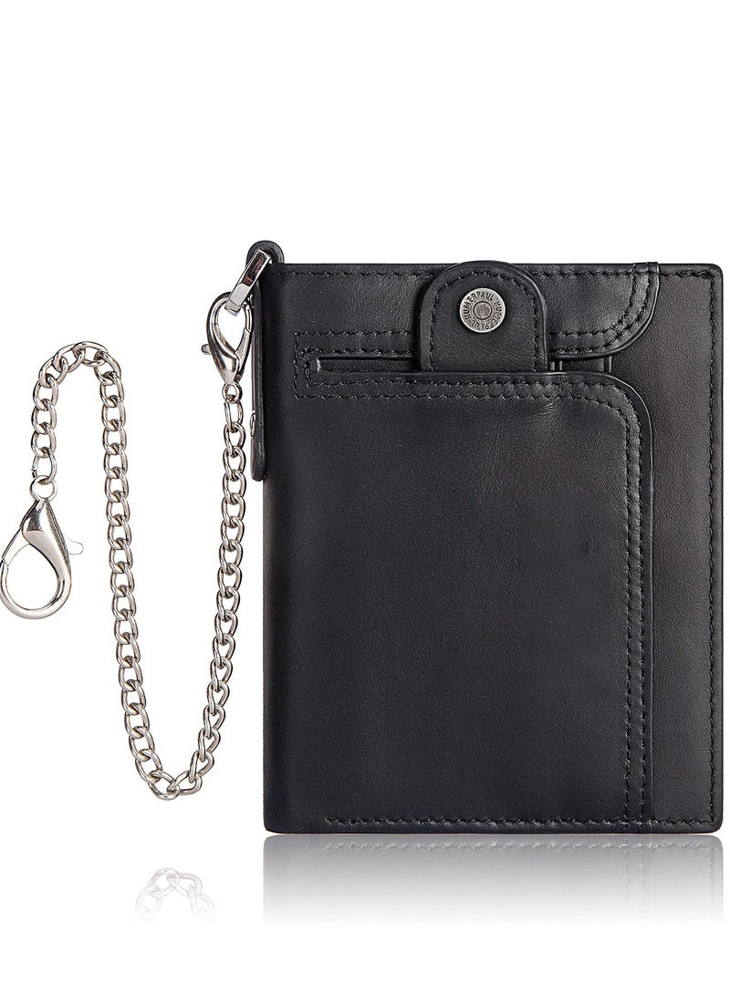 Men's Genuine Leather Chain Wallet - RFID Bifold Wallet with Zipper, 14 Card Holders, and Coin Pocket (Black) - Stylish and Secure Accessory for Everyday Use. - Image 1
